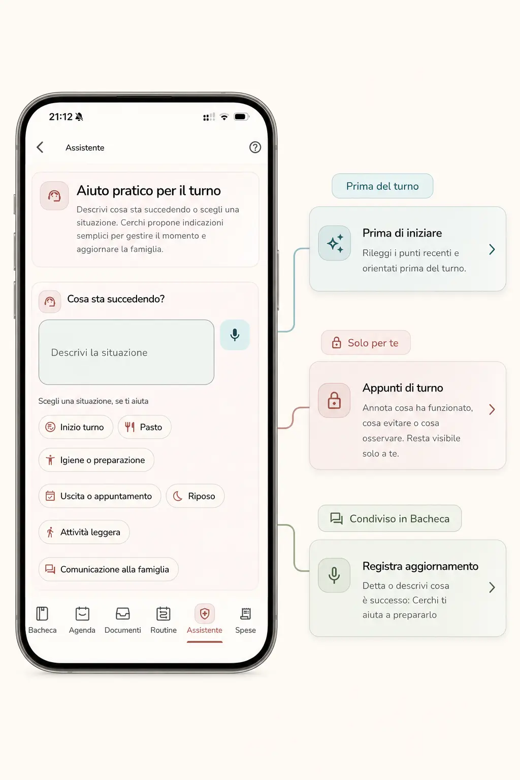 Espacio Asistente con ayuda práctica, notas privadas y actualización compartida