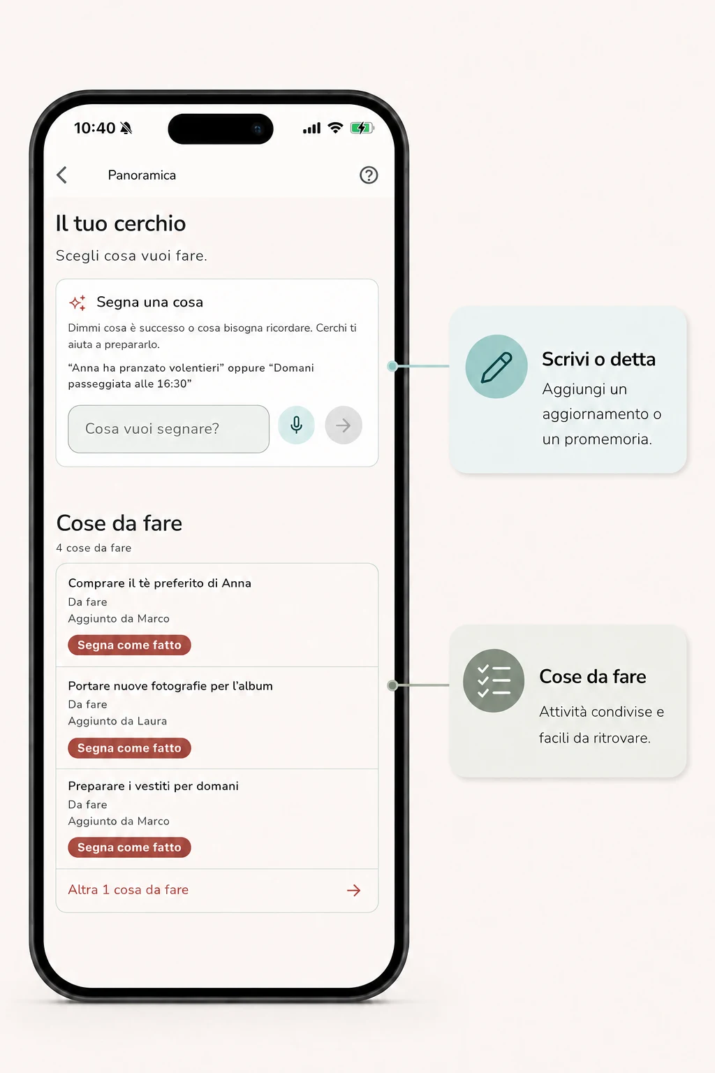 Vista general de Cerchi con entrada escrita o por voz y tareas compartidas